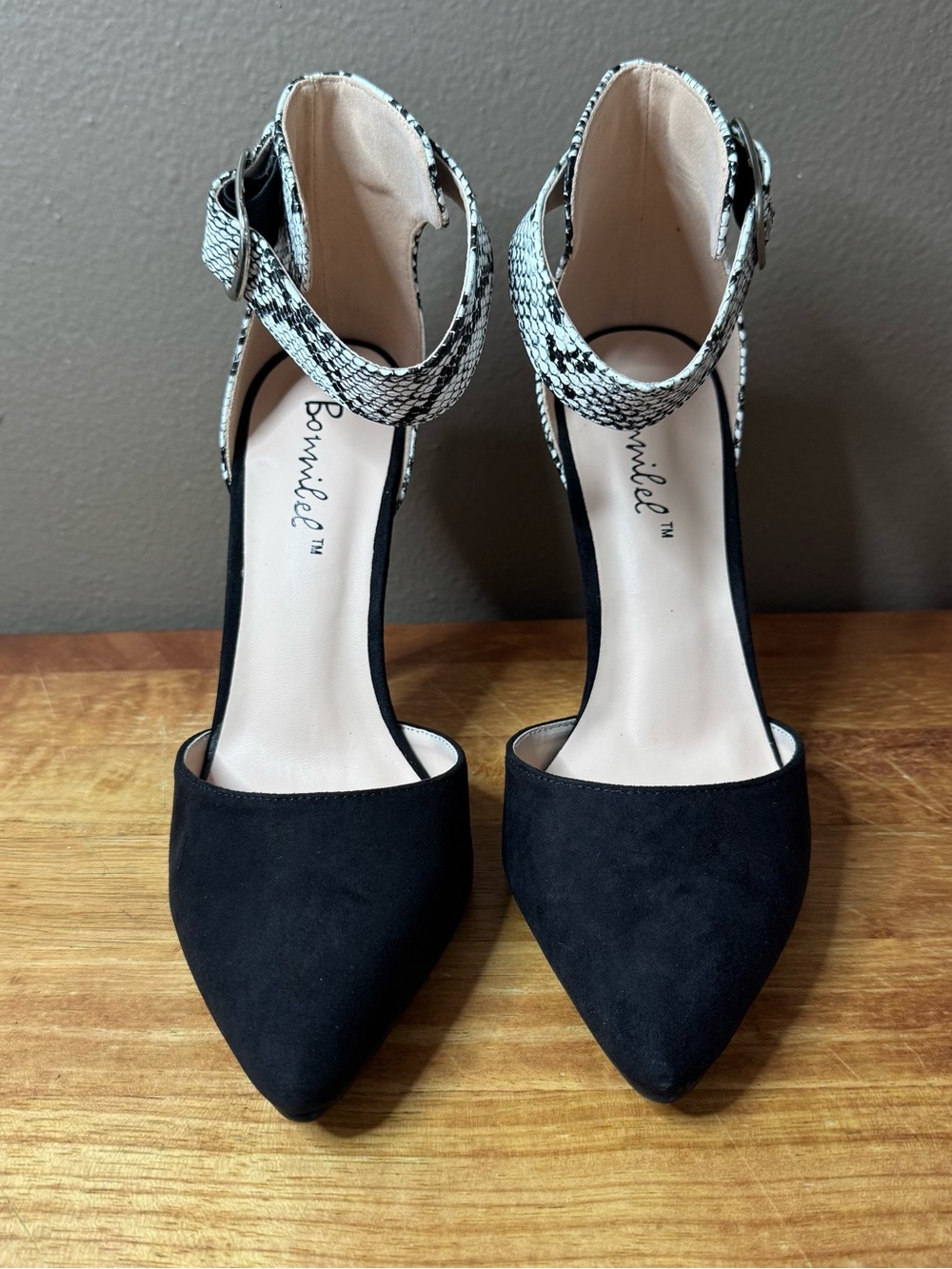 Black Suede Toe with Snakeskin Heel and Ankle Strap Size 7